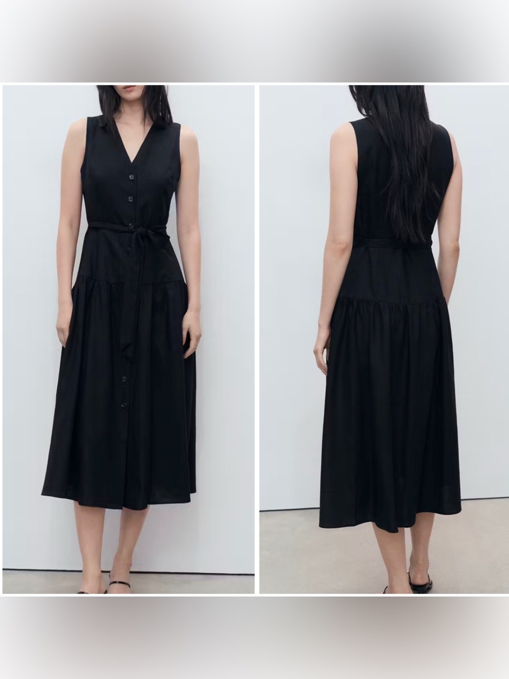 Mango MNG Black Midi Linen Blend Sleeveless Dress with Belt XS NEW!